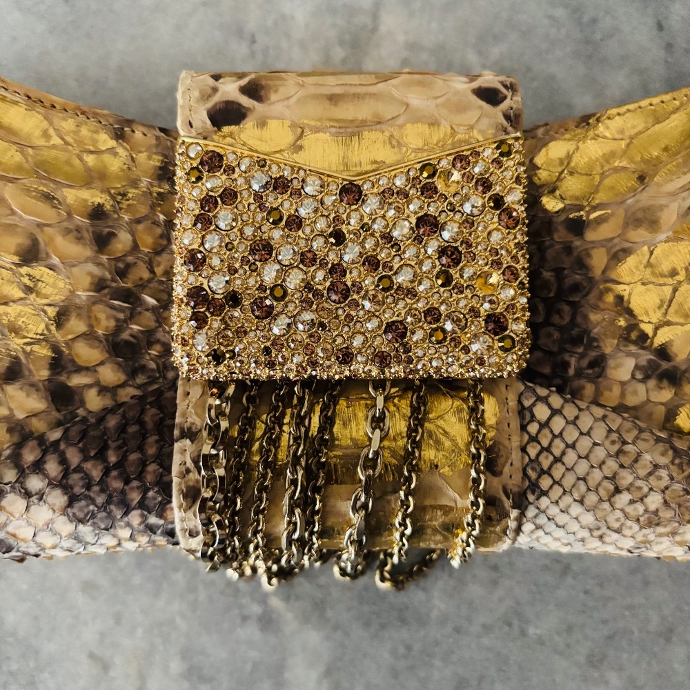 Judith Leiber Metallic Gold Python Snakeskin Purse - image 5